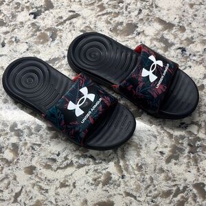 Under Armour Black Slides with Red and Green Accents